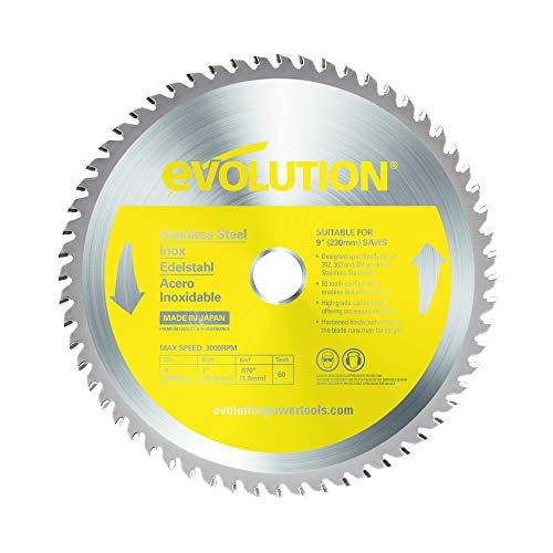 Evolution Power Tools 230TCT-60CS Circular Saw Blade (AKA Chop Saw Blade) For Cutting Stainless Steel - Carbide Tipped Metal Saw Blade Produces Virtually No Heat, Burrs or Sparks, 230 mm Chop/Circular Saw Blade