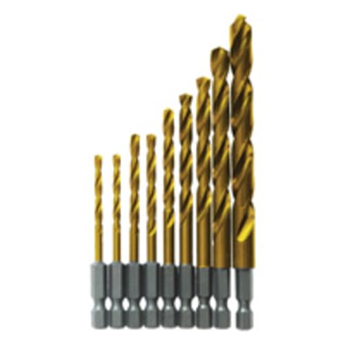 BOSCH TI9IM 9-Piece Assorted Set Titanium Nitride Coated Metal Drill Bits with Included Case Impact Tough with Impact-Rated Hex Shank Ideal for Heavy-Gauge Carbon Steels, Light Gauge Metal, Hardwood