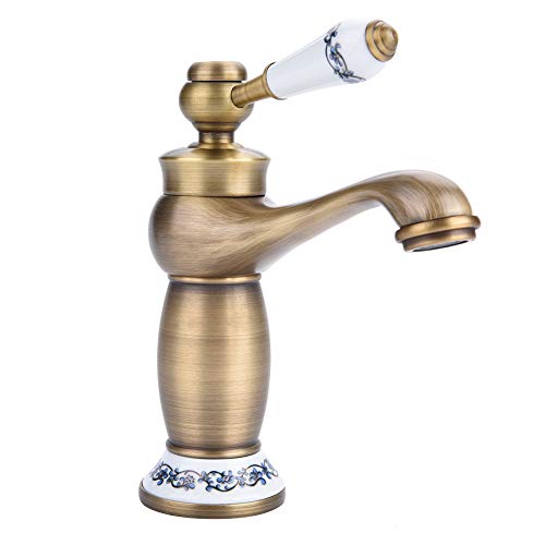 Fdit Single Handle Mixer Tap, Brass Bathroom Basin Faucet with Floral Pattern Lift Up Turn Design for Sink and Hand Washing Basin (Antique) Blue,white