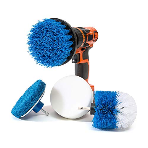 RevoClean 4 Piece Scrub Brush Power Drill Attachments-All Purpose Time Saving Kit-Perfect for Cleaning Grout, Tile, Counter, Shower, Grill, Floor, Kitchen, Blue & White 1