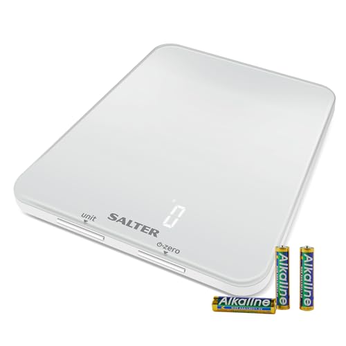 Salter 1180 WHDR Ghost Electronic Kitchen Scale- 5 KG Capacity Food Weighing Baking Scales, Hidden Until Lit Easy Read Digital Display, Large Slim Glass Platform, Add & Weigh, Measures Liquids, White Ghost White