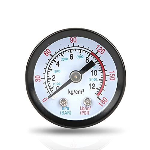 Air Compressor Pressure Gauge, 0-180 PSI, 0-12 Bar, 42mm Diameter, 10mm Thread, Black Iron Shell