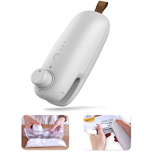 Mini Heat Sealer USB Bag Sealer Machine with Cutter High Security Handheld 2 in 1 Sealer Clips Portable Electric Rechargeable Quick Sealer for Plastic Bags Food Snack Fresh Bag Resealer White
