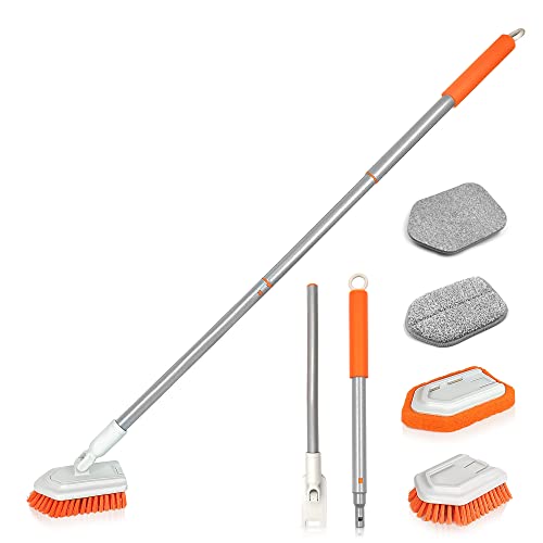 JEHONN 4-in-1 Bathroom Tile Tub Scrubber with Long Handle, Upgraded Shower Cleaning Brush, 4 Different Function Scrub Brush Attachments Head for Bath, Bathtub, Floor, Wall, Baseboard Tub & Tile Scrubber (4-in-1)