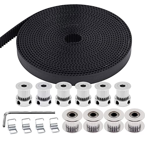 5M GT2 Timing Belt 10mm Width + 6pcs 20 Teeth 5mm Bore Timing Pulley Wheel + 4pcs 20 Tooth Bore 5mm Idler+4pcs Tensioner Spring Torsion,for 3D Printer 5M set