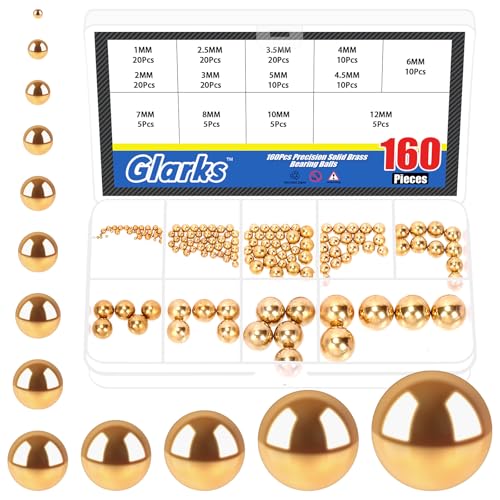 Glarks 160pcs 1-12mm 13 Sizes Metric Precision Chrome Steel Assorted Loose Bicycle Solid Brass Bearing Balls Assortment Kit
