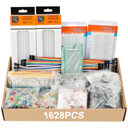 1628PCS Electronic Component Kit, 3mm and 5mm LED Lights Emitting Diodes Assortment Set Kit, Ceramic Capacitors, Resistor, Transistor, PCB Potentiometer 1628 PCS