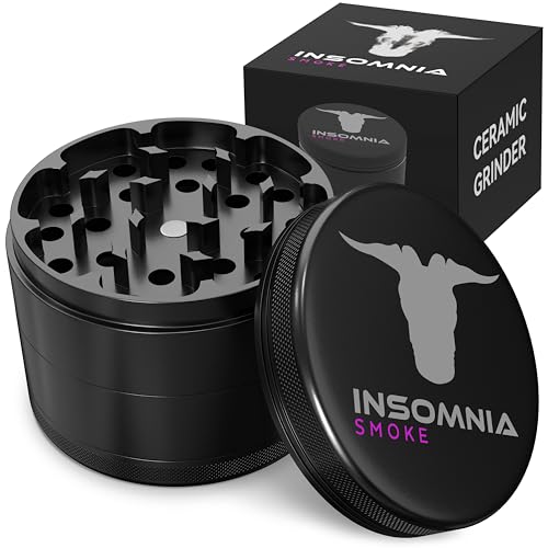 Herb Grinder | Premium 4 Piece Aluminium Metal Grinder with Pollen Catcher, Strong Magnetic Lid, Razor Sharp 28 Teeth, Non-Sticky & Easy to Clean with Ceramic Coating (Black) Black