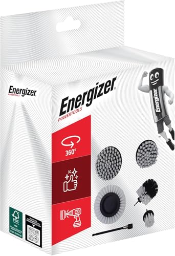 Energizer 6-Piece Drill Brush Attachment Set - Power Scrubber Cleaning Kit with 6" Extension Rod - Multi-Purpose Scrub Brushes for Bathroom, Shower, Tile, Grout & Car Cleaning, White