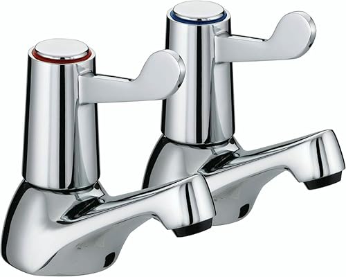 Pair of Bathroom Basin Sink Taps – Chrome Brass Pillar with Ceramic Lever, Hot & Cold Water Mixer, Modern Deck Mounted Basin Faucet for Bathroom or Kitchen Wash Basin