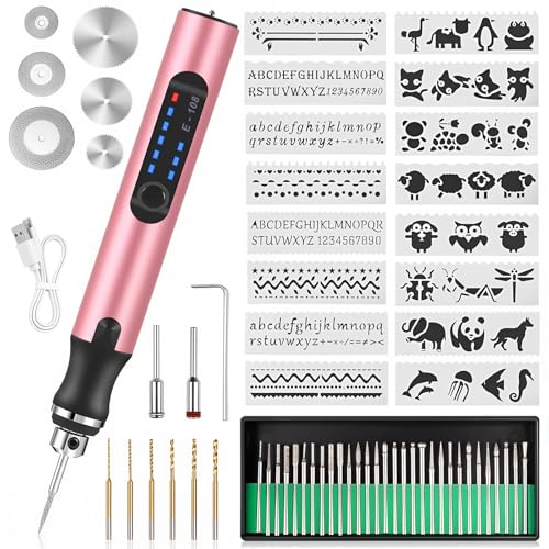 Engraving Pen, Glass Engraving Tool with 16 Templates for DIY Crafts (Pink) Pink
