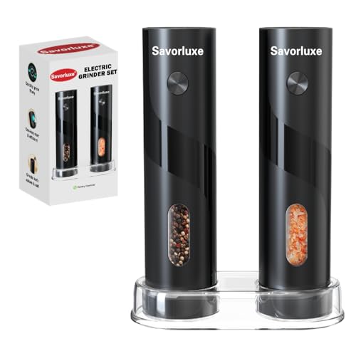 Electric Salt and Pepper Grinder Set 2 Pack, Top-Refill Battery Operated Pepper Mills with Storage Base, Adjustable Coarseness, 120ml per Grinder & White LED Light, Black