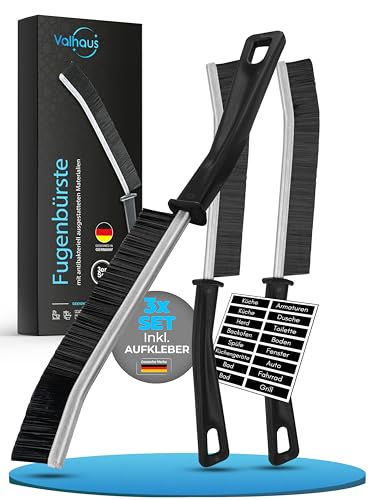 Valhaus Grout Brush Set of 3 - Cleaning Brush with Antibacterial Material (Silver Ions), Multifunctional Joint Cleaner Bathroom, Kitchen, Toilet & More, Hard Bristles, Cleaning Brush 3er Set - Standard