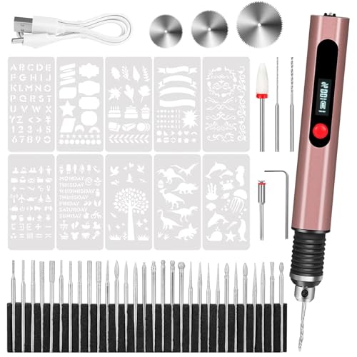 Cordless Engraving Pen, 3-Speed Electric Engraving Tool Kit, Engrave 50+ Surfaces, with 30 Small Drill Bits, 8 Grinding Accessories and 10 Engraving Templates, USB for Soft Wood Resin Stone Jewelry