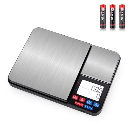 Dual Platform Digital Kitchen Scales, 10kg/1g & 500g/0.01g High Precision Food Scales for Baking, Cooking & Coffee, Stainless Steel Weighing Scales with Backlit LCD, Tare & PCS