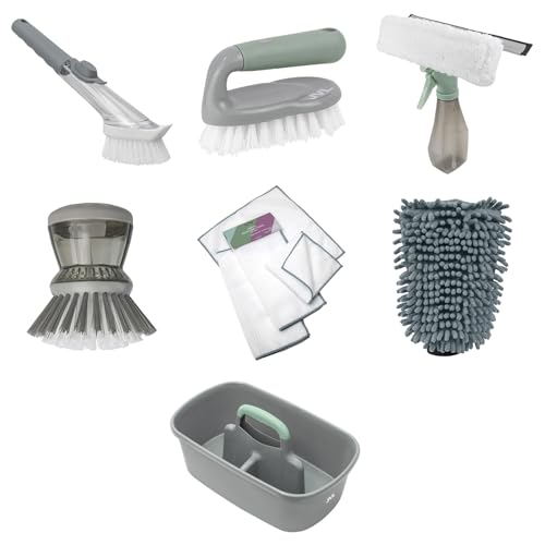JVL Cleaning Caddy Set with Soap Dispensing Dish Brush, Scrubbing Brush, Microfibre Cloth, Microfibre Cleaning Mitt & 3 in 1 Window Squeegee Household Cleaning Kit Caddy Cleaning Set