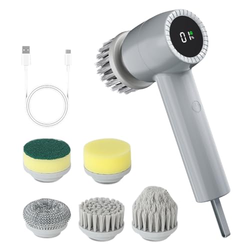 Electric Spin Scrubber Cordless, 5 In 1 Waterproof Cordless Electric Cleaning Brush with LED Display, Floor Scrubber With 2 Speeds 5 Brush Heads for Bathroom Tub Wall Kitchen Tile Car(Grey) Grey
