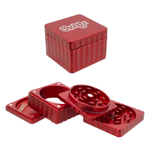 Chongz 58mm 4pt “Celebrity Squares” Aluminium Grinder Colour co-ordinated Aluminium Chassis, Grinding Surface and Sieve, Scraper Tool, Diamond Shaped Teeth (Red) Red