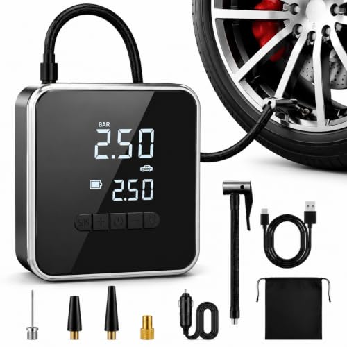 KinZon Portable Wireless Air Compressor - Car Tyre Inflator 150PSI Dual Power 12V + Battery, Auto Shut-Off Digital Display LED Lamp for Car, Motorcycle, Bike, Emergency