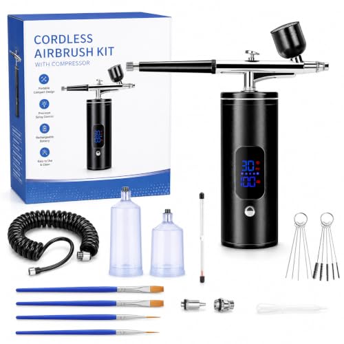 Airbrush Set with Compressor Wireless, 3-Level Adjustable Portable Airbrush Gun Set, 1000 mAh USB Rechargeable LCD Airbrush Set for Beginners Model Making, Make-Up, Tattoo, Nail Design, Cakes (Black) Black