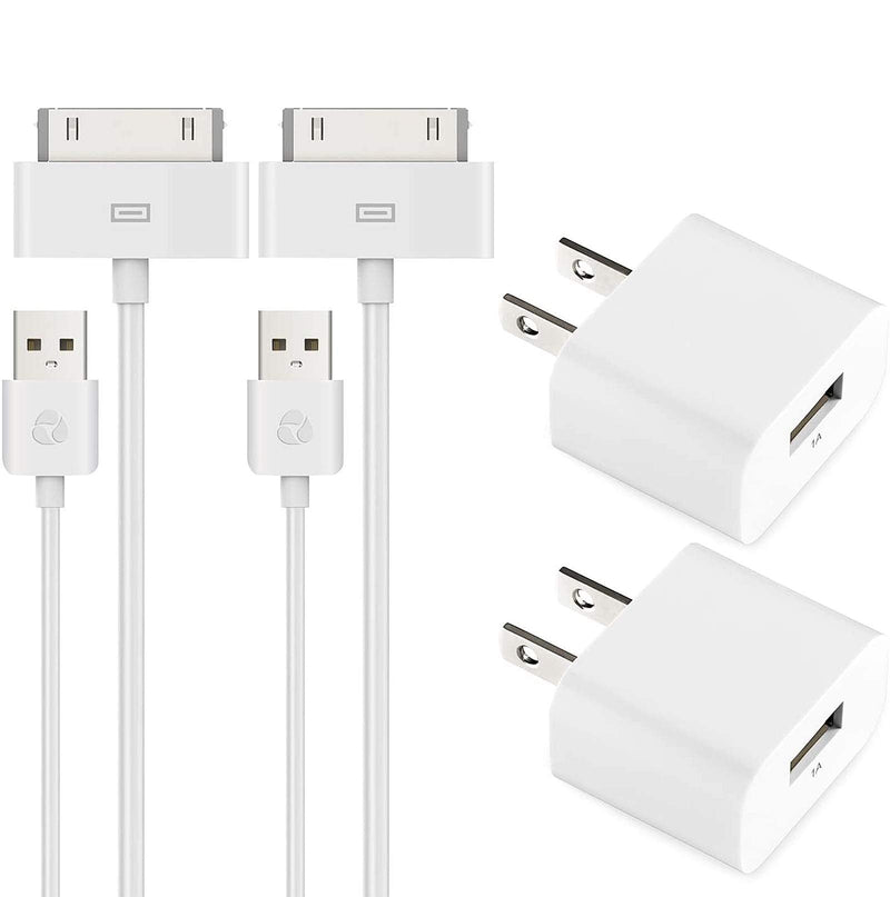 ESK (TM) Certified 6 Feet 30 Pin USB Charging Cable with 5W USB Power Adapter for for iPhone 4/4s, iPhone 3G/3GS, iPad 1/2/3, iPod touch 1/2/3/4 (2 Pack) White