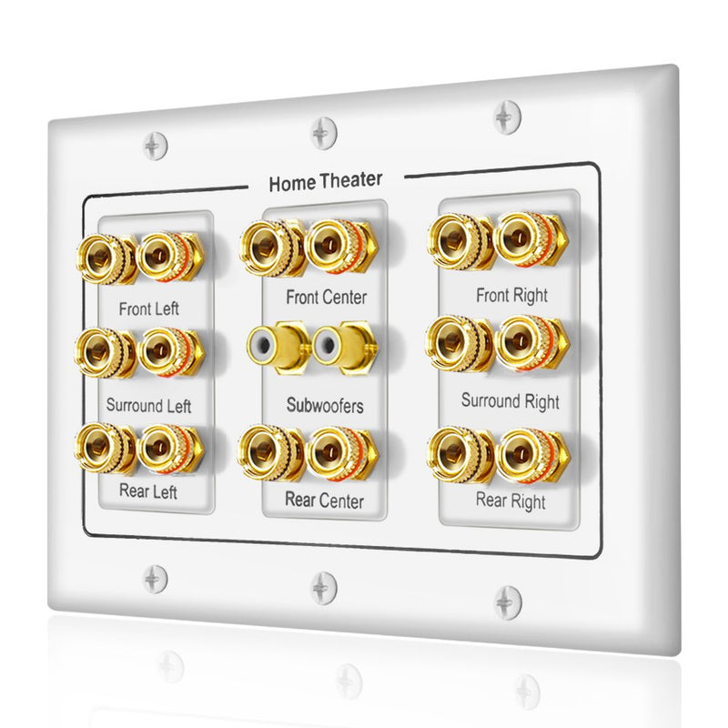 5 6 7.1/7.2 or 8.1/8.2 One or Two Subwoofer Compatible 16 Banana Post and 2 RCA Speaker Wall Plate for Home Theater Audio