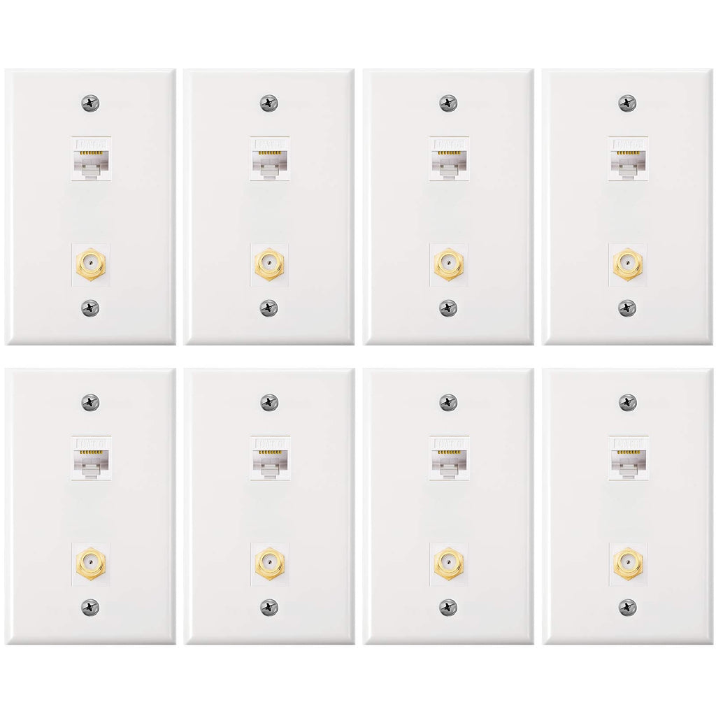 8 Pack Cat6 Coax Wall Plates, Cat6 Ethernet Port and Cable TV Coax Gold-Plated F-Type Port Wall Plate (White) White