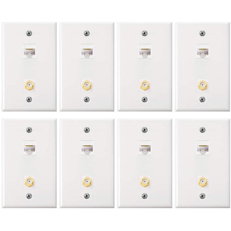 8 Pack Cat6 Coax Wall Plates, Cat6 Ethernet Port and Cable TV Coax Gold-Plated F-Type Port Wall Plate (White) White