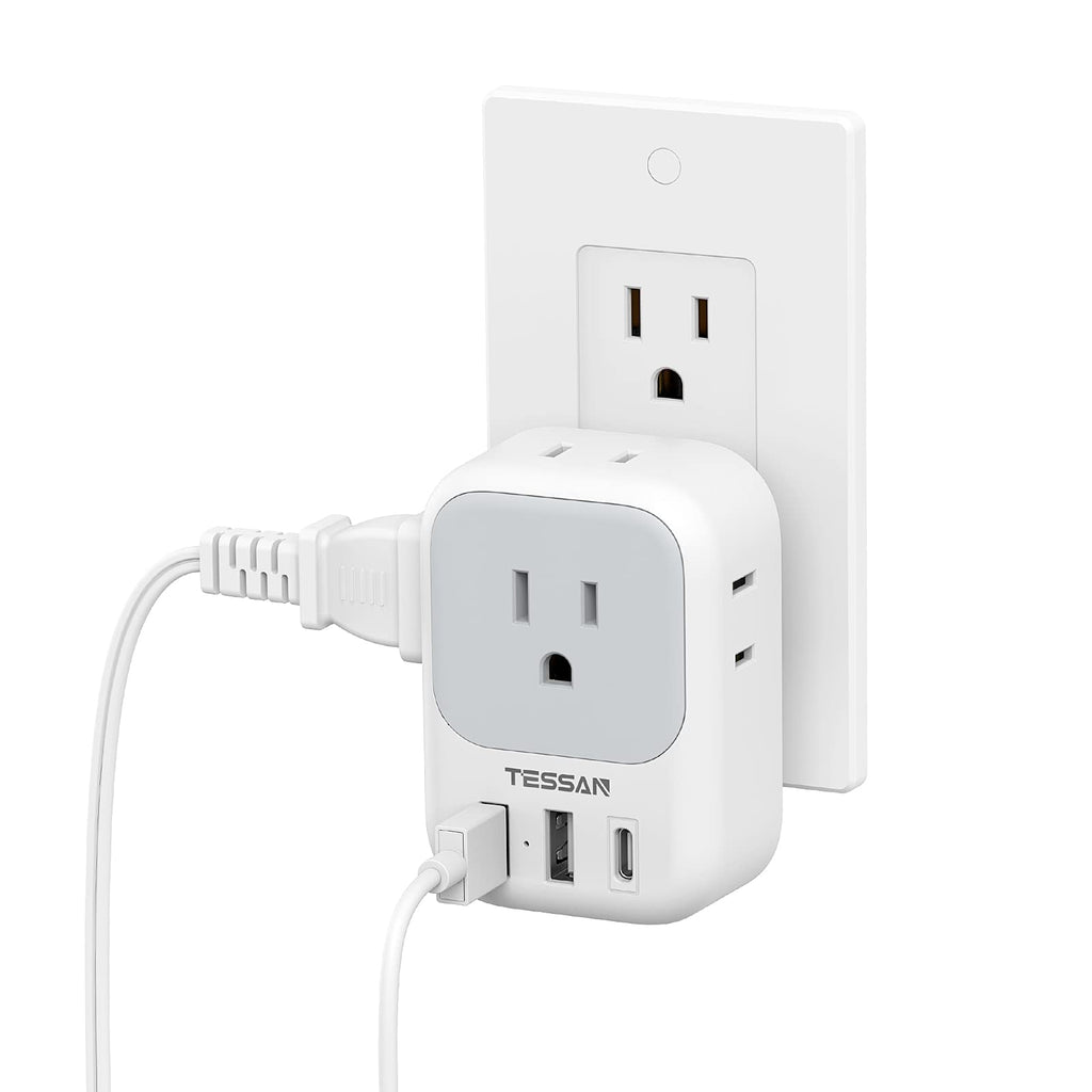 Wall Charger, USB Plug Adapter Outlet Extender, TESSAN 3 USB Ports(1 USB C Port), Multi Charging Station for Cruise, Bathroom, Office, Dorm Essentials White, Grey