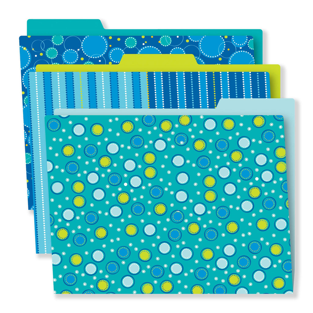 Carson Dellosa Decorative File Folders Set—11.75" x 9.5" Blue, Green, Teal Colored File Folders for Filing Cabinet, Office or Classroom Organization (6-Pack) Bubbly Blues