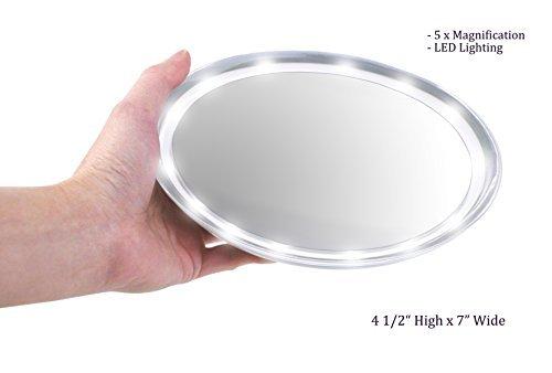 7" Oval LED Lighting Suction Mount Mirror - 5X Magnifying Vanity Makeup Mirror with 3-Point Super Suction, Battery Operated LED Lighting