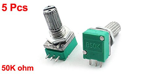 sourcing map a14101100ux0248 5pcs B50K Type B 50K Ohm 3-Pin Terminal Single Linear Rotary Taper Potentiometer - Silver Tone, Blue (1pcs) de