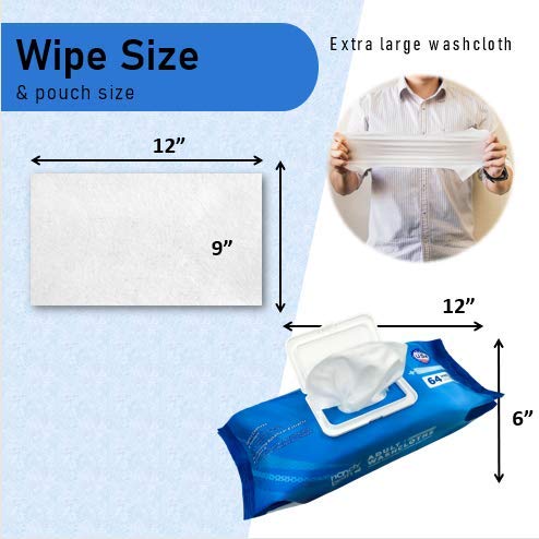Handybath Incontinence Adult Washcloths Rinse-Free 64 Wipes Pouches Unscented Containing Washcloths Wipes Size 12 x 9" Each Made with Aloe & Chamomile for Adult Care Camping Outdoor Activities