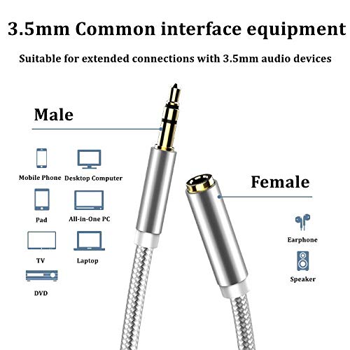 3.5mm Male to Female Audio Cable Stereo,Headphone Extension Cord Adapter Compatible for iPhone,iPad, iPod,Smart Phones Tablets,MP3,PS4 and More â€¦ (1-Pack, Silver) 1-Pack