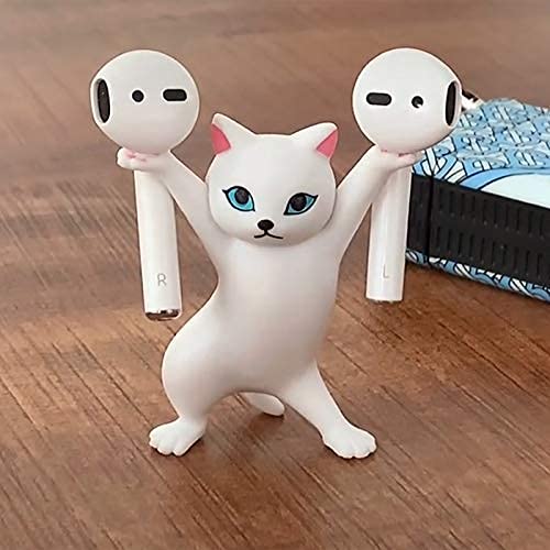 ã€Upgraded Anti-Dropã€‘ Magnetic Cute Dance Cat Airpod Holder Headphone Stand Earbuds Holder for Apple AirPods 1& 2 3 Pro,Unique Birthday Bday Present Gifts Ideas(White) White