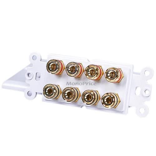 Moonrise Monoprice 103326 Banana Binding Post Two-Piece Inset Coupler Wall Plate for 4 Speakers, White