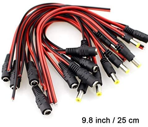 HiLetgo 20pcs DC Pigtail Adapter Power Connectors Cables Male & Female 2.1mm x 5.5mm DC Barrel Jack Wire for CCTV Surveillance SIM&NAT Security Camera Video (9.8 inch / 25 cm)