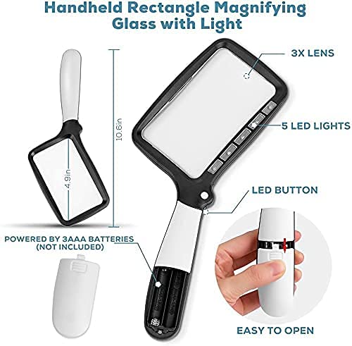 VOCA Magnifying Glass with Light, 3X Foldable Large Rectangle Reading Magnifier with Dimmable LED Light for Seniors, Newspaper, Books, Small Print, Lighted Gift for Low Visions