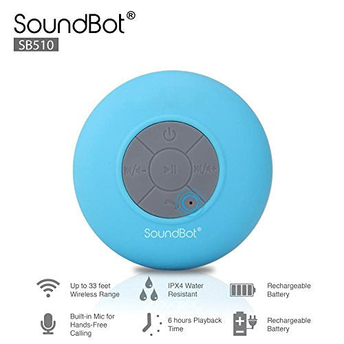 SoundBot SB510 HD Water Resistant Bluetooth 3.0 Shower Speaker, Handsfree Portable Speakerphone with Built-in Mic, 6hrs of playtime, Control Buttons and Dedicated Suction Cup (Blue) BLU