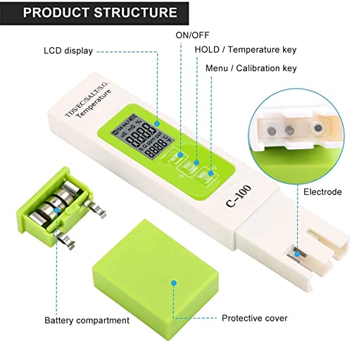 TOPINCN C-100 5-in-1 Salinity TDS EC Seawater Tester Multi-function Water Quality Tester with Multi-parameter Backlight Meters