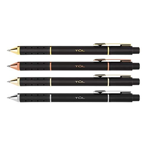 TUL Retractable Ballpoint Pens, Mixed Metals, Medium Point, 1.0 mm, Black Barrel, Black Ink, Pack of 4 Pens