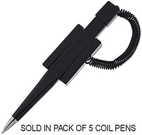 Pack of 5 Counter Coil Corded Wedgy Pen with Adhesive Backing, Black Ink