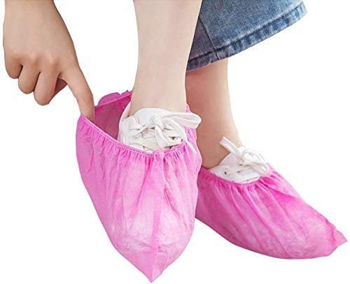 Disposable Shoe Covers 100PCS Non-Slip Durable Indoor Boot Overshoes Protector Thicked Non-Woven Shoe Covers for Carpet Floor Protection Construction Offices One Size Fits All (Pink) Pink
