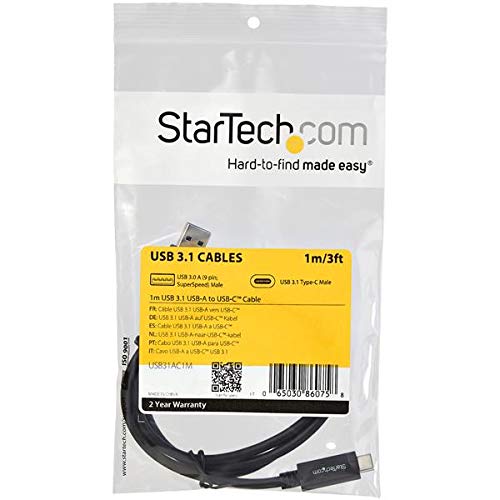 StarTech.com USB to USB C Cable - 3 ft / 1m - 10 Gbps - USB-C to USB-A - USB 2.0 Cable - USB Type C (USB31AC1M),Black USB 3.1 - C to A