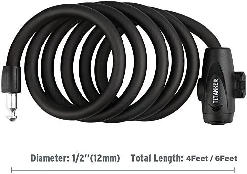 Titanker Bike Lock, Bike Locks Cable Lock Coiled Secure Keys Bike Cable Lock with Mounting Bracket, 1/2 Inch Diameter 6 Feet Matte Black