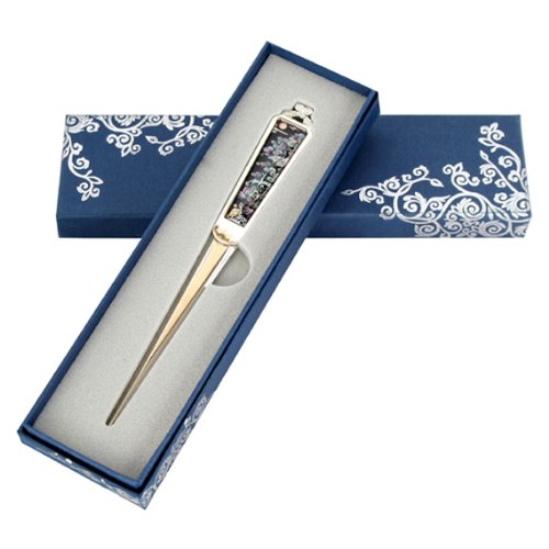 Mother of Pearl Animal Design Black Metal Steel Knife Office Sword Blade Hand Envelope Gift Letter Opener with Longevity Emblems Painting