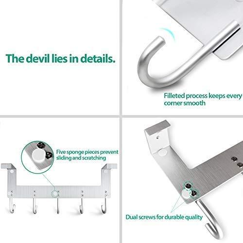 ACMETOP Over The Door Hook Hanger, Heavy-Duty Organizer for Coat, Towel, Bag, Robe - 5 Hooks, Aluminum, Brush Finish (Silver) … Silver