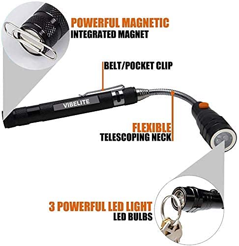 VIBELITE Magnet 3 LED Magnetic Pickup tool, Telescoping Flexible Extensible Led Flashlights,Perfect Mechanic pick-up tools gifts for men, 4 x LR44 Batteries (Included) 1Pack Light Black
