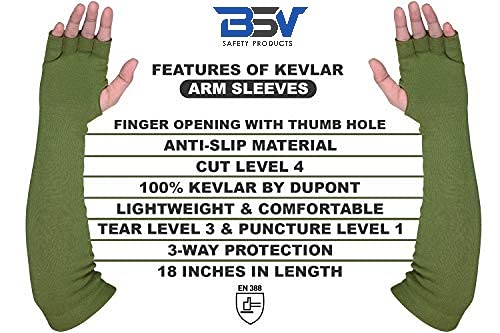 BSV Kevlar Protective Sleeves- Heat, Scratch, Cut & Knife Resistant Sleeve with Finger Opening - Arms Safety Sleeves- Long Arm Guard Protector for Work- Bite Proof- 18 Inches, Sage Green, 1 Pair