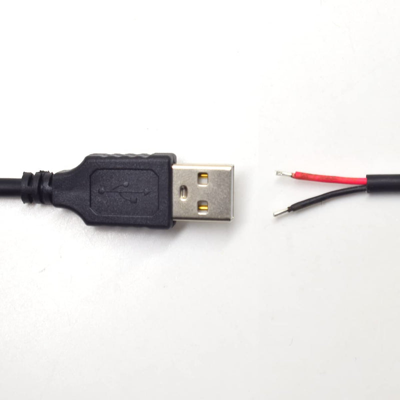 2pcs 1M/3.3Ft 20AWG USB 2.0 Male Plug 2pin Wire DIY Pigtail Cable 5V 5A Black USB Power with 2-Position Spring Wire Connector